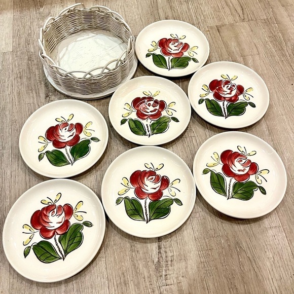 Vintage Stetson Red Rio Rose Desert Plates in basket Set of Seven - Picture 12 of 16